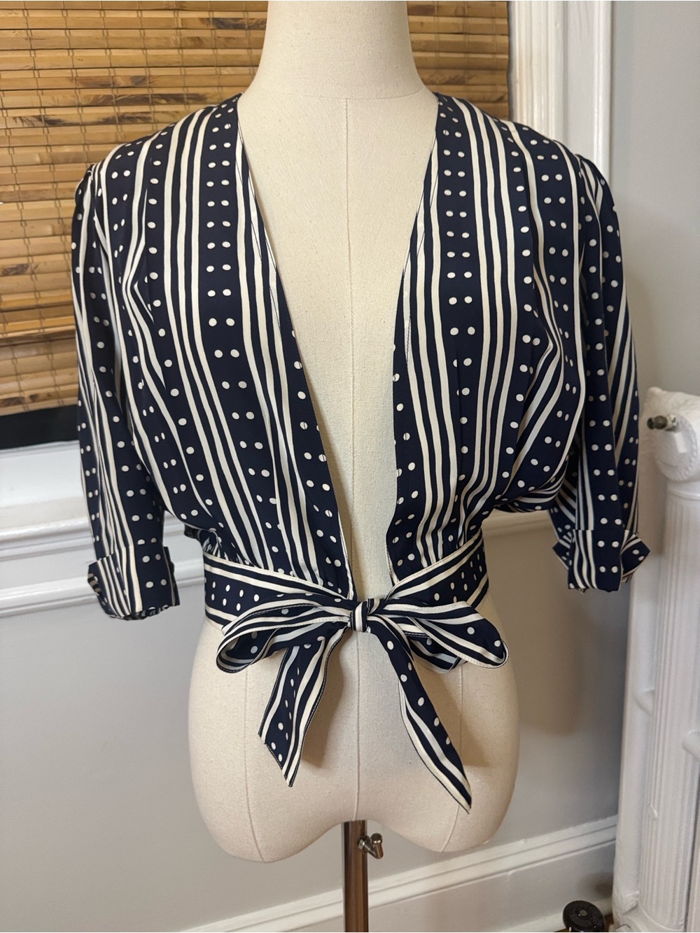 Vintage Balenciaga 100% silk Polka Dot/ stripeTie-Front Blouse